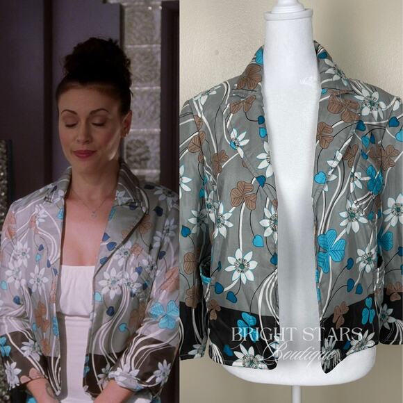 Rare Floral Silk Jacket ASO Phoebe Halliwell Charmed Gray Blue Flower Medium - Picture 1 of 11